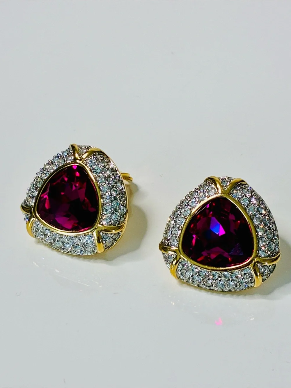 RARE Swarovski Gold-Tone Fuchsia Crystal HUGE HEAVY AND PRISTINE Clip Earrings
